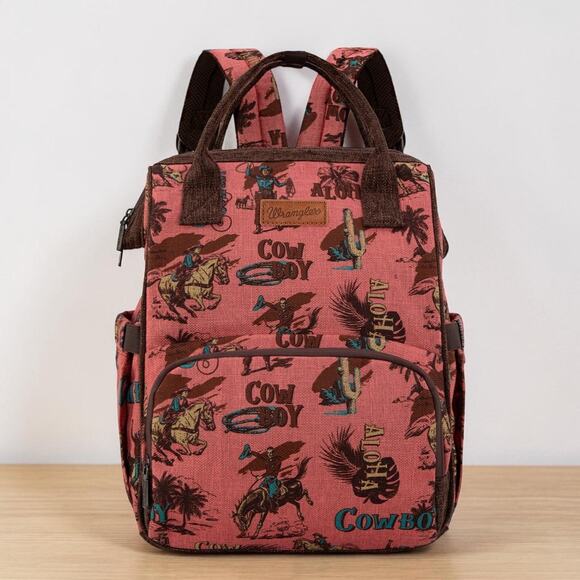 Wrangler Vintage Retro Cowboy Print Pink Canvas Backpack